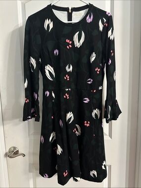 NEW kate spade Black Floral Long-Sleeve Ruffle-Cuff Fit-and-Flare Dress - Size L